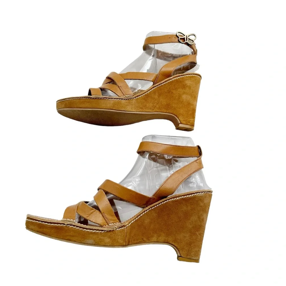 Coach Light Brown Calf Leather Telma Butterfly Adjustable Strap Wedge Sandals,10